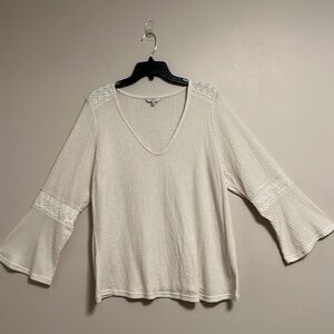 Lucky Brand Waffle Knit Western Rodeo Bell Sleeve‎ V Neck Neutral Cream Tunic 1X